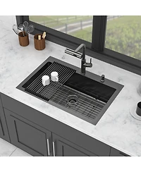 flynama huluwat 30x22x10inch Gunmetal Black Kitchen Sink with Pull Out Faucet Soap Dispenser Stainless Steel