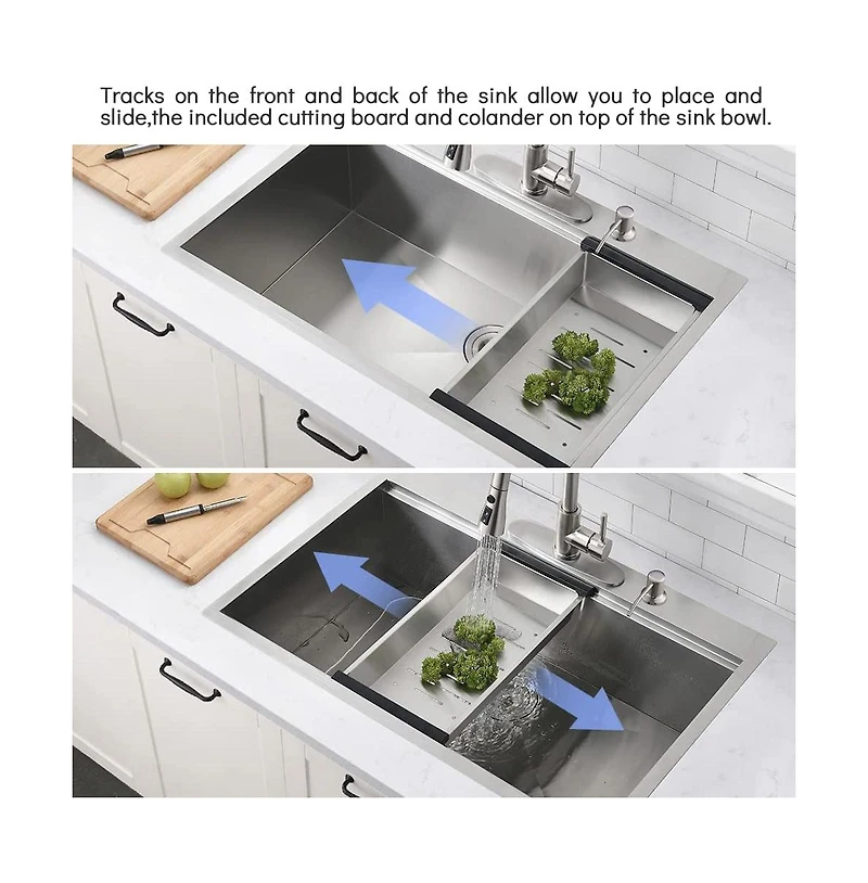 flynama 33x22x10 Inch Drop In Workstation Kitchen Sink 16 Gauge SUS304 Stainless Steel Single Bowl R10 Radius With 5 Accessories