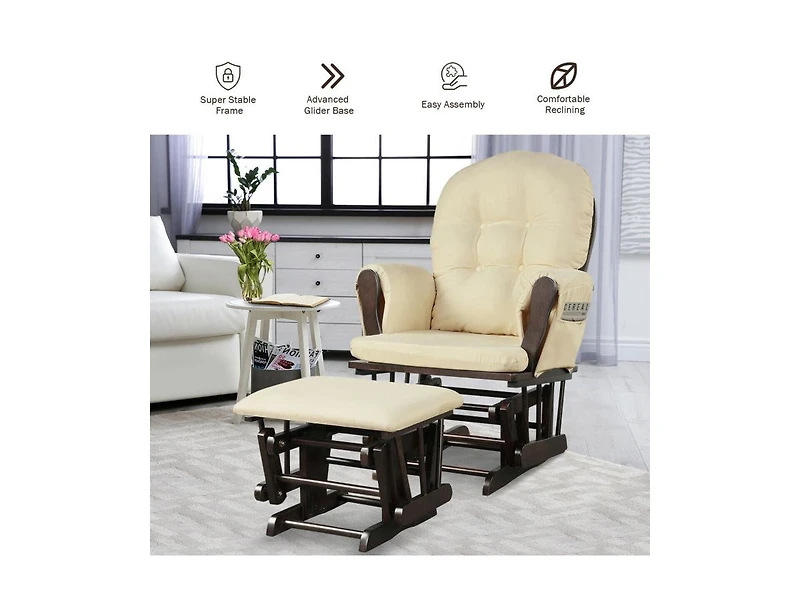Wood Glider Chair and Ottoman Set with Padded Armrests Detachable Cushion