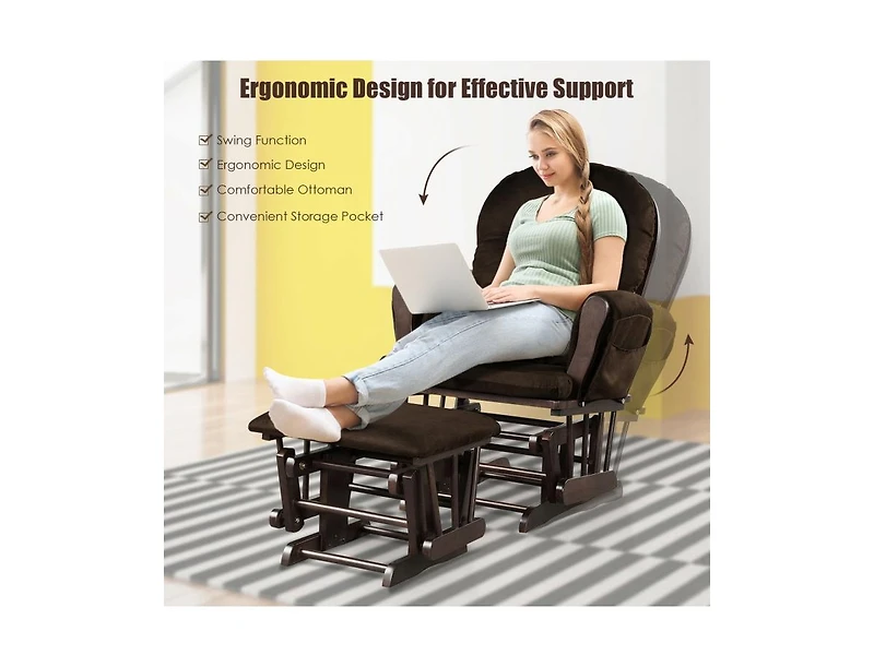 Wood Glider Chair and Ottoman Set with Padded Armrests Detachable Cushion