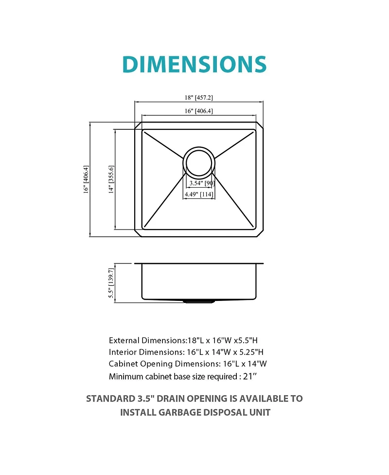 flynama 18x16x5.5inch Ada Compliant Kitchen Sink Undermount Stainless Steel Single Bowl 16 Gauge