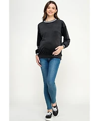Hello Miz Women's Velvet Striped Neckline Long Sleeve Maternity Sweatshirt Top