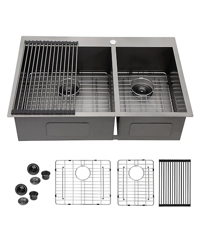 flynama 33x22x9inch Gunmetal Black Double Bowl Kitchen Sink Drop In Stainless Steel 16 Gauge 60 40 Split