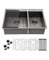 flynama 33x22x9inch Gunmetal Black Double Bowl Kitchen Sink Drop In Stainless Steel 16 Gauge 60 40 Split