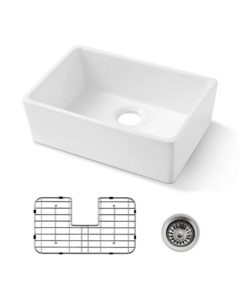 flynama 24x16inch White Fireclay Farmhouse Sink Apron Front Porcelain Ceramic Single Basin