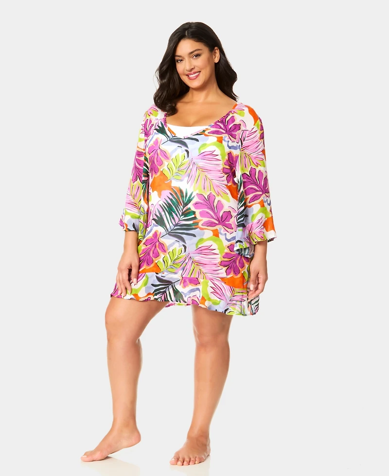 Anne Cole Plus Size V-Neck Bell Sleeve Printed Swim Tunic Cover Up