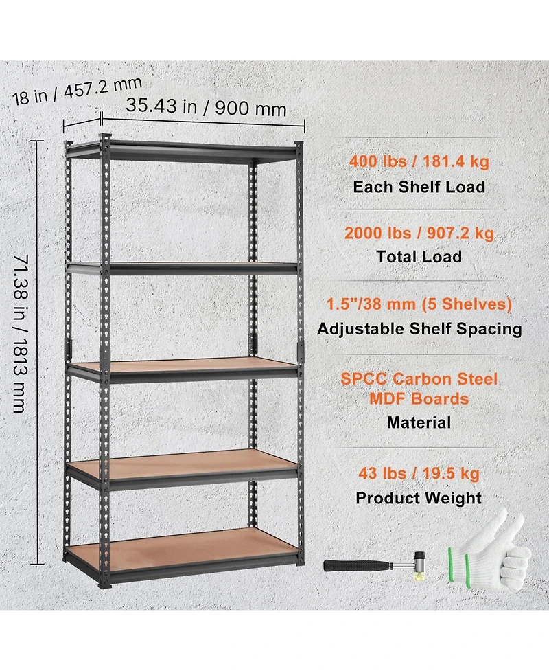 Mecale 5-Tier Storage Shelving Unit, Adjustable, 2000-Lb Capacity, 35"L x 18"W x 71"H, Heavy-Duty Utility Rack
