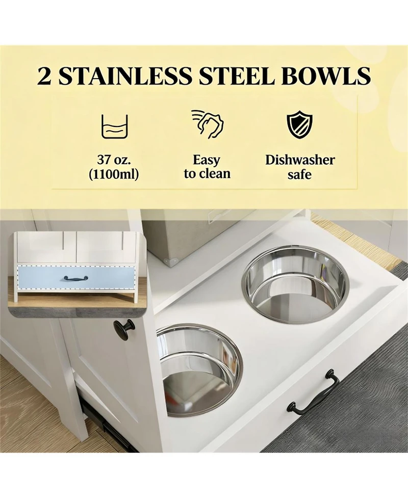 Aostirmotor Dog Bowls Food Storage Cabinet with 2 Doors in White