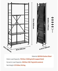 Ecooso 5-Tier Foldable Storage Shelf, 32"W x 14"D x 72"H, No-Assembly Metal Rack w/ Wheels & Hooks