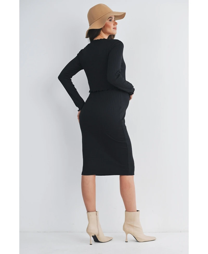 Hello Miz Maternity Long Sleeve Round Neck Ribbed Nursing Friendly Dress