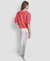 Dkny Jeans Women's V-Neck Short Puff Sleeve Tie-Front Shirt