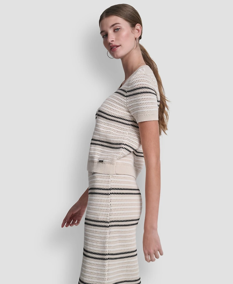 Dkny Jeans Women's Scoop Neck Striped Pointelle Sweater