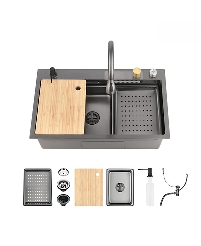 flynama 30x22inch Black Waterfall Kitchen Sink Stainless Steel Single Bowl Workstation SSBL12 with Flying rain Faucet Cutting Board