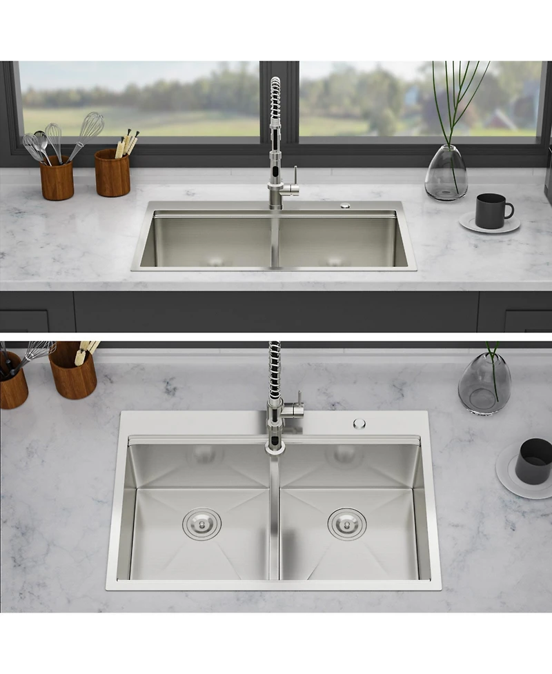 flynama 33x22x10inch 16 Gauge T304 Stainless Steel Topmount Drop In 6040 Double Bowl Brushed Nickel Kitchen Sink with Workstation Track