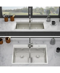 flynama 33x22x10inch 16 Gauge T304 Stainless Steel Topmount Drop In 6040 Double Bowl Brushed Nickel Kitchen Sink with Workstation Track