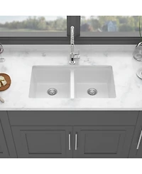 flynama 33x19x10.33inch White Quartz Composite Kitchen Sink Double Bowl Undermount