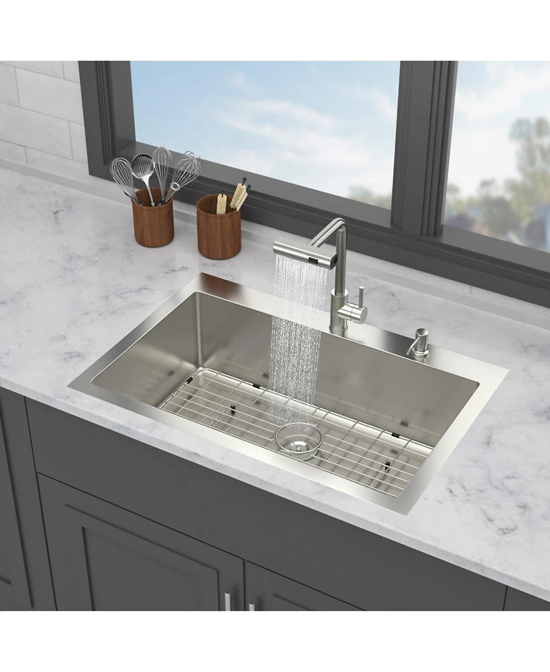 Flynama 33x22x10inch Drop in Kitchen Sink with Pull Out Faucet 16 Gauge Stainless Steel Single Bowl