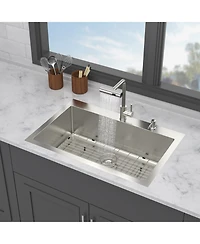 Flynama 33x22x10inch Drop in Kitchen Sink with Pull Out Faucet 16 Gauge Stainless Steel Single Bowl