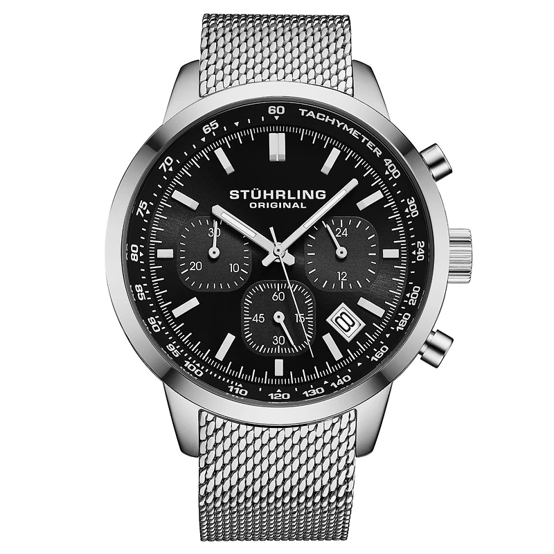 Stuhrling Chronoport 4082 Men s Quartz Chronograph Watch, 44mm Stainless Steel Mesh Bracelet