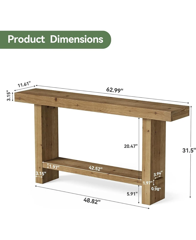 Tribesigns 63-Inch Solid Wood Console Table, 2-Tier Narrow Farmhouse Entryway Table for Hallway, Entrance, Living Room, Behind The Couch,Brown