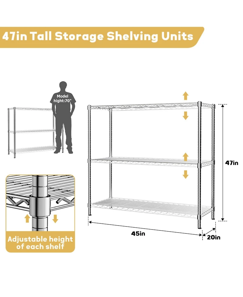 Lovmor 3-Tier 45 in W x 45 in H x 20 in D Height Adjustable Garage Wire Shelving Unit