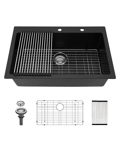 flynama Black Granite Composite Drop In Kitchen Sink with Complete Accessories
