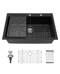 flynama Black Granite Composite Drop In Kitchen Sink with Complete Accessories