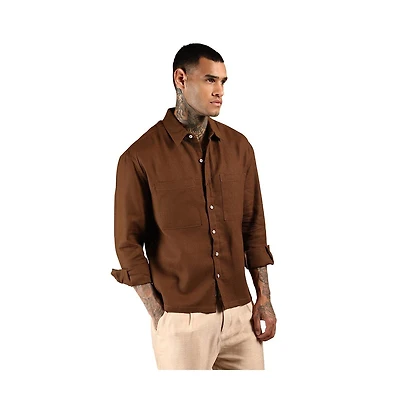 Campus Sutra Men's Chocolate Brown Solid Canvas Utility Shirt