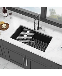 flynama 32x19x9.65inch Black Quartz Composite Undermount Kitchen Sink Workstation Granite Deep