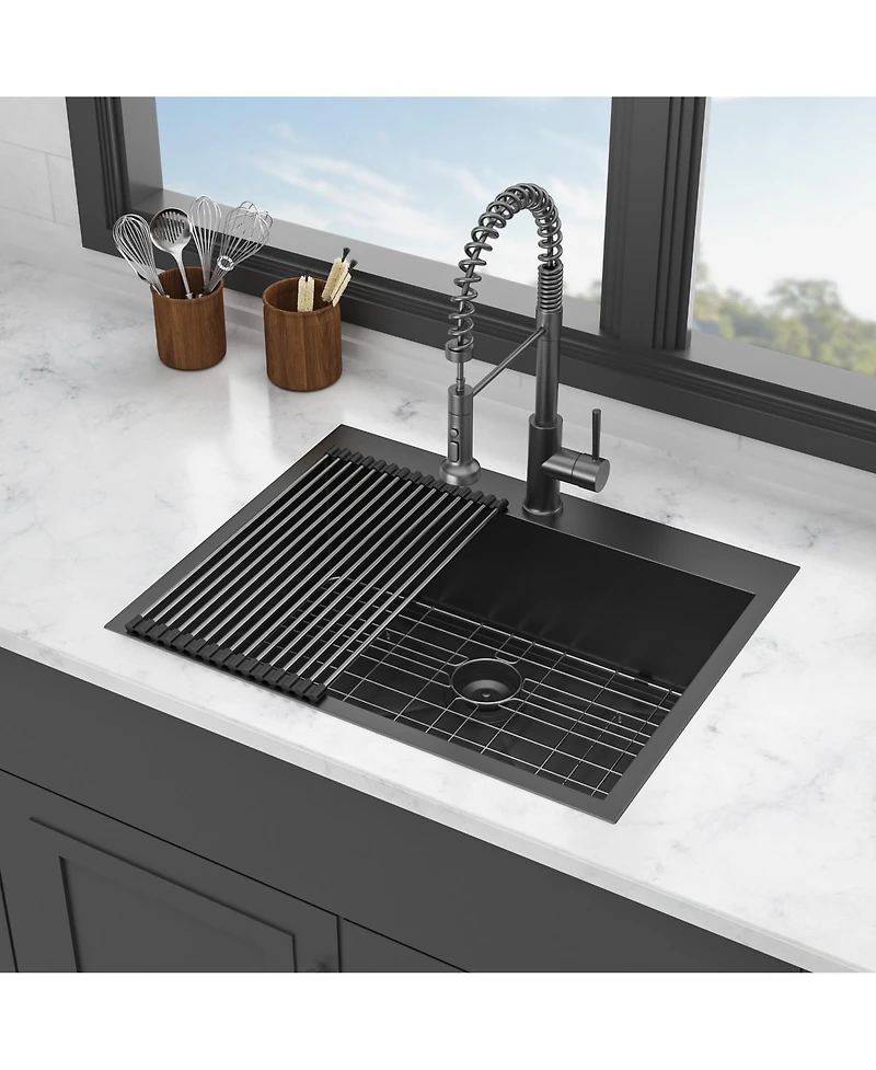 flynama 25x22x9inch Gunmetal Black Kitchen Sink Drop In Stainless Steel 16 Gauge Topmount