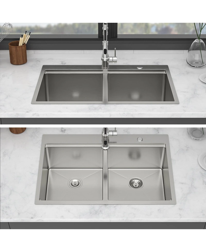 flynama 33x22x10inch Topmount Double Bowl Kitchen Sink 16 Gauge Stainless Steel Brushed Nickel