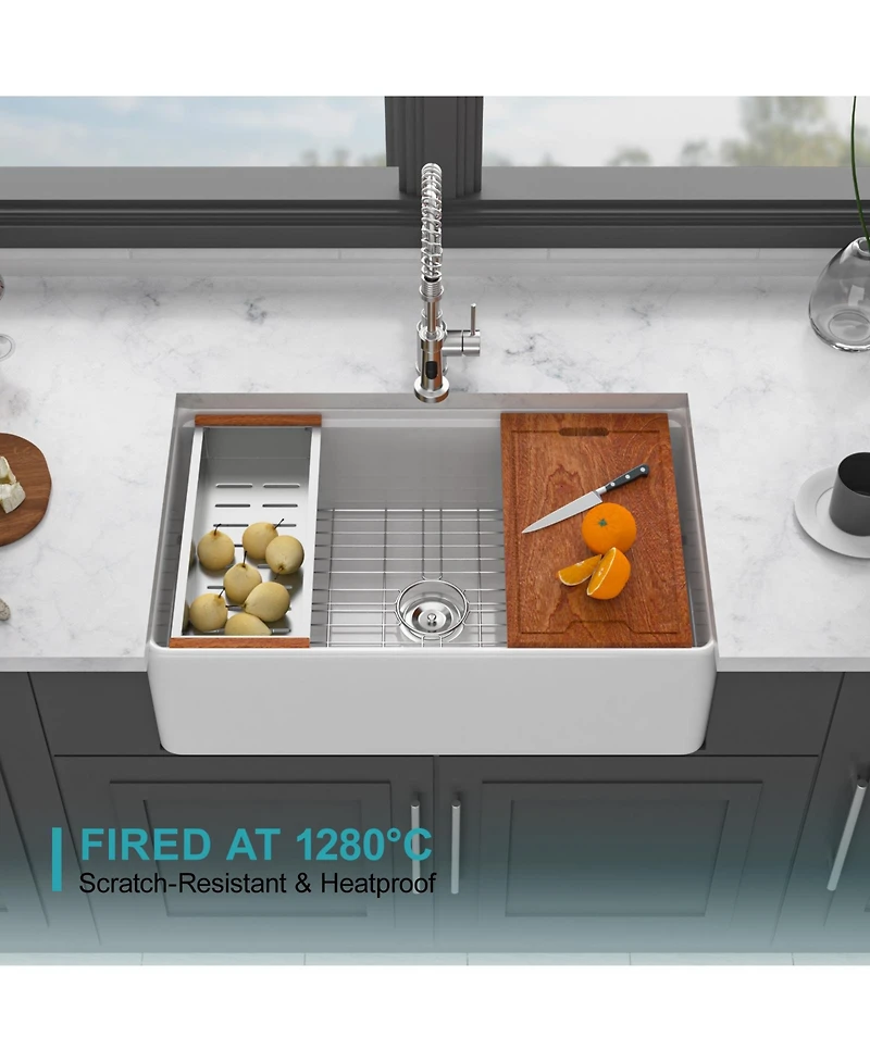 flynama 33x20x10inch White Porcelain Ceramic Single Bowl Workstation Kitchen Sink with Full Accessories