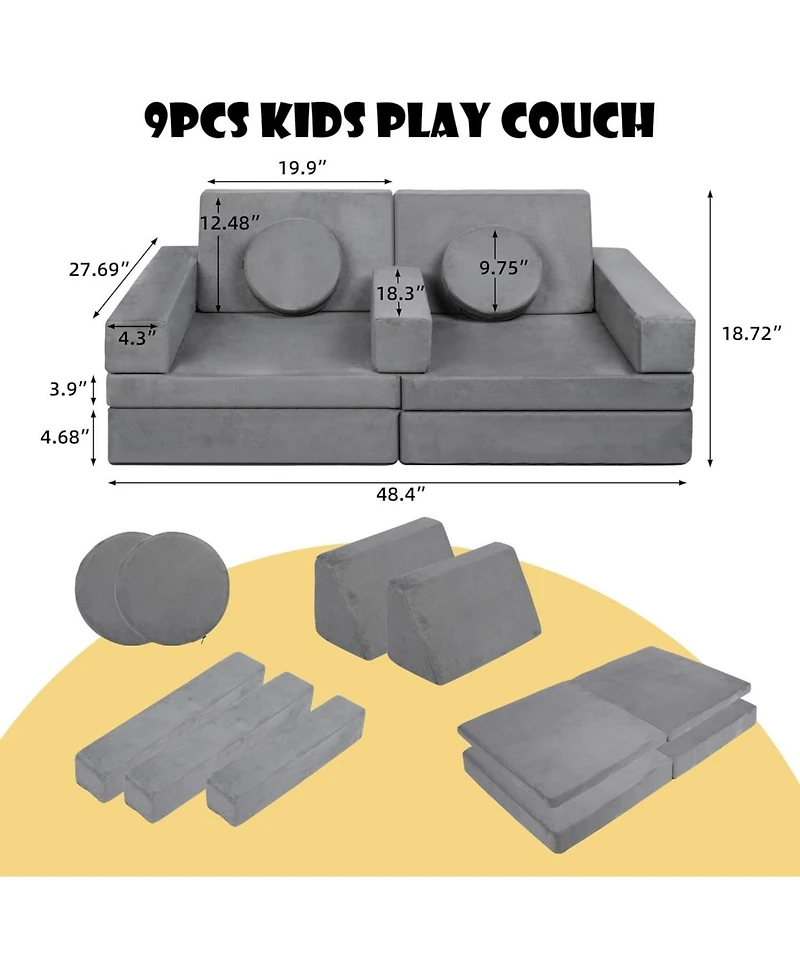 Kinder King 9-Piece Kids Modular Play Sofa, Convertible Foam Couch for Playroom, Grey