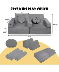 Kinder King 9-Piece Kids Modular Play Sofa, Convertible Foam Couch for Playroom, Grey