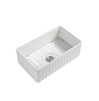 flynama 33x20inch Fireclay Farmhouse Kitchen Sink Reversible Design Grid Strainer 10 Inch Deep