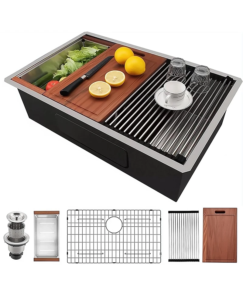 flynama 33x19inch Undermount Workstation Sink 10 Inch Deep Stainless Steel Single Bowl with Accessories