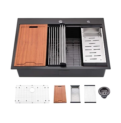 flynama 33x22x10 Inch Drop In Workstation Kitchen Sink R10 Radius SUS304 Stainless Steel Single Bowl With 5 Accessories Integrated Ledge