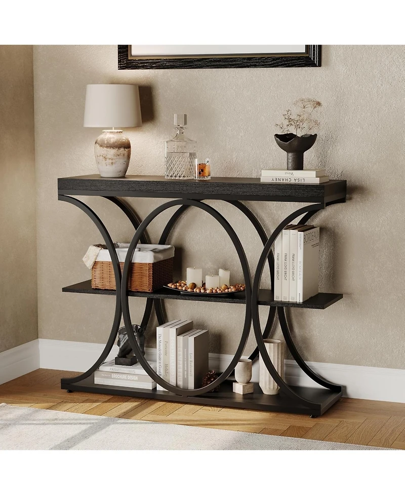 gaomon 3-Tier Farmhouse Narrow Console Table – Entryway Sofa with Storage Shelves, Geometric Metal Legs Modern Accent for Living