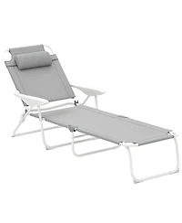 Outsunny Folding Chaise Lounge, Outdoor Sun Tanning Chair, Four-Position Reclining Back, Armrests, Iron Frame & Mesh Fabric for Beach, Yard, Patio, Bl