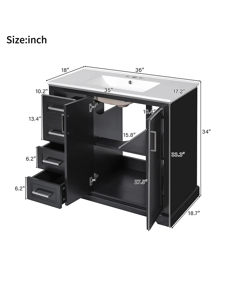 Cesicia 36 in. Modern Bathroom Vanity with Ceramic Sink, Soft-Close Door, Adjustable Shelf and 3 Drawers, Ample Storage