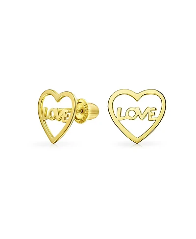 Bling Jewelry Tiny Minimalist 14K Gold Word Love Heart Shape Stud Earring Secure Screwback