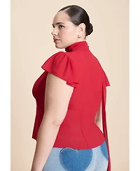 Eloquii Women's Flutter Sleeve Top With Necktie