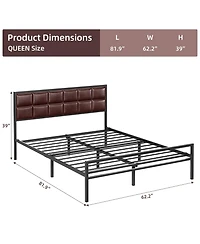gaomon Size Bed Frame, Faux Leather Platform Bed Frame with Upholstered Square Stitched Headboard