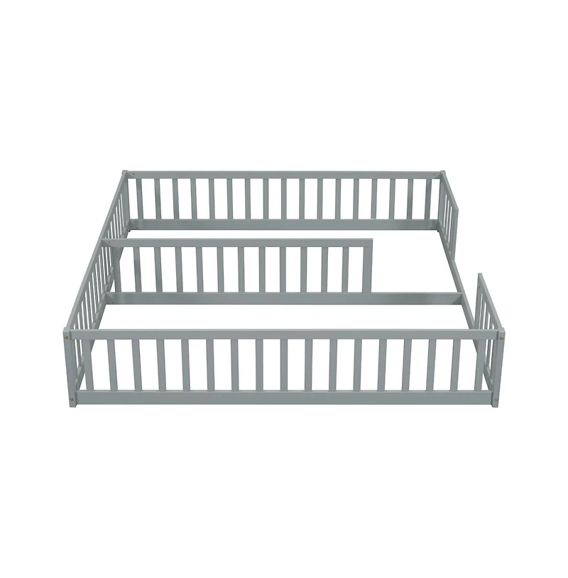 Cesicia Double Twin Floor Bed with Safety Fence Low Profile Shared Sleeping for Kids No Door Design