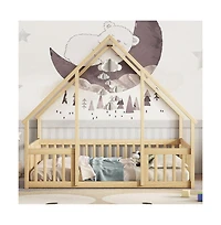 Cesicia Full Wood House Floor Bed with Safety Fence & Roof Frame Play for Kids and Teens