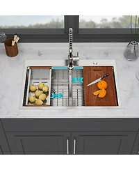 flynama 33x22x10inch 16 Gauge T304 Stainless Steel Topmount Drop In 5050 Double Bowl Brushed Nickel Workstation Kitchen Sink