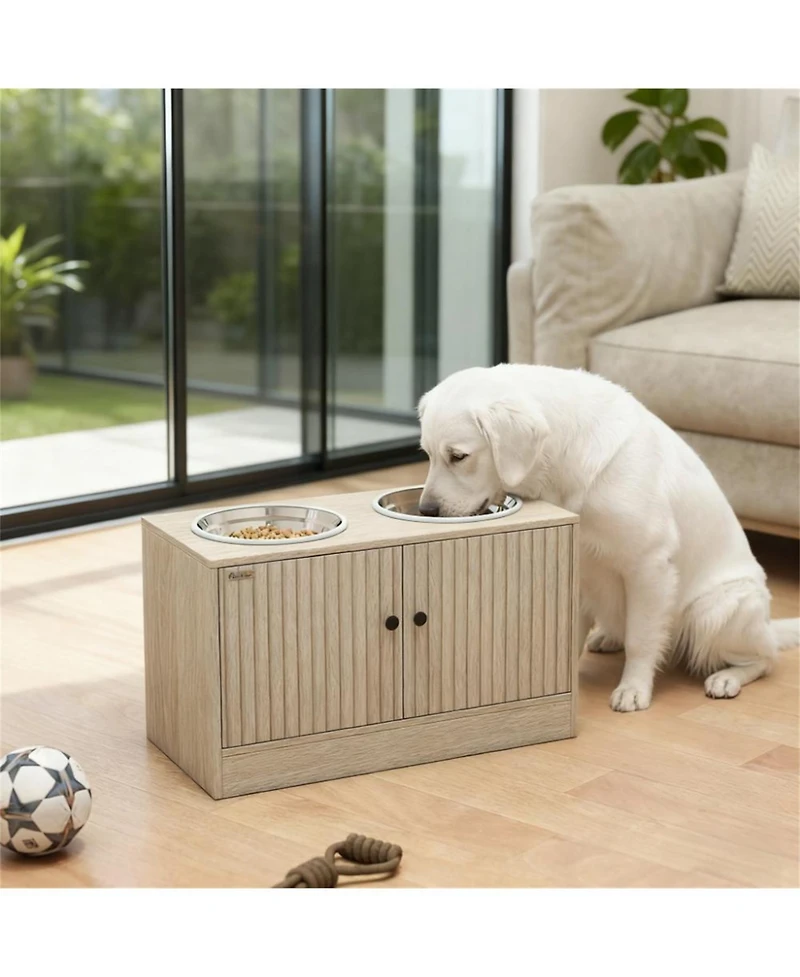 Aostirmotor 23.6 in. Wide Dog Bowls with Storage Cabinet in Oak
