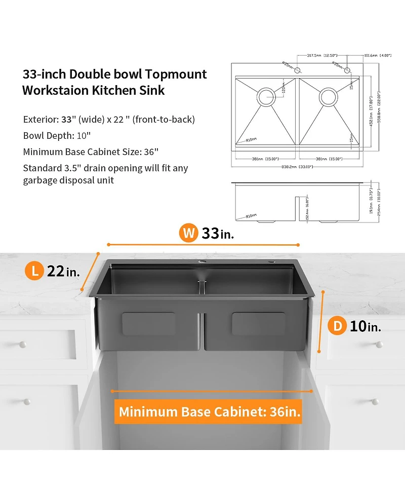 flynama 33inch Gunmetal Black Topmount Workstation Kitchen Sink 16 Gauge Stainless Steel Double Bowl