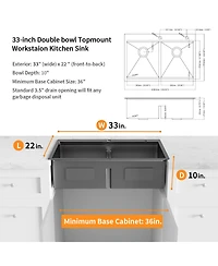 flynama 33inch Gunmetal Black Topmount Workstation Kitchen Sink 16 Gauge Stainless Steel Double Bowl