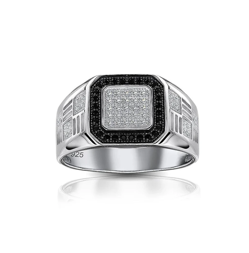 Bling Jewelry Mens Micro Pave Black Halo Square Two Tone Cz Statement Ring Sterling Silver